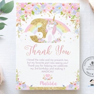 Unicorn 3e verjaardag Bedankkaart, BEWERKBARE SJABLOON, Roze Blauwe Bloemen Schattige Regenboog Eenhoorn Drie Derde Afdrukbare Pdf INSTANT Download UB3