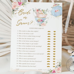 Jeu devinez qui a dit les mariés, imprimable, TÉLÉCHARGEMENT IMMÉDIAT High Tea Party floral rose, il a dit qu'elle a dit activité amusante pour la douche nuptiale TP5