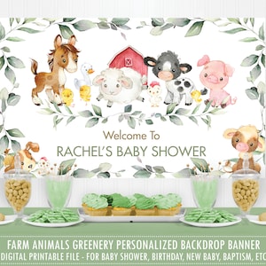 May include: A printable baby shower backdrop banner with a watercolor design featuring farm animals, greenery, and the text "Welcome to Rachel's Baby Shower".