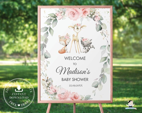 Woodland Animals Welcome Sign, EDITABLE TEMPLATE Diy Blush Pink Floral Greenery Baby Shower Birthday Poster Decoration INSTANT Download WG10 Il_570xn