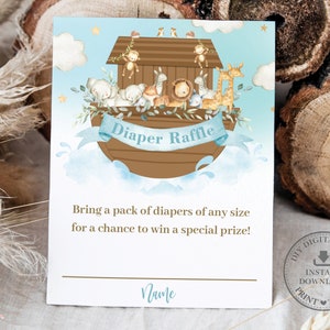 Noah es Ark Diaper Raffle Karte, INSTANT DOWNLOAD, Chic Blue Boy Noahs Arc Bring Windeln, Süße Tiere Baby Shower Druckbare PDF, NA2
