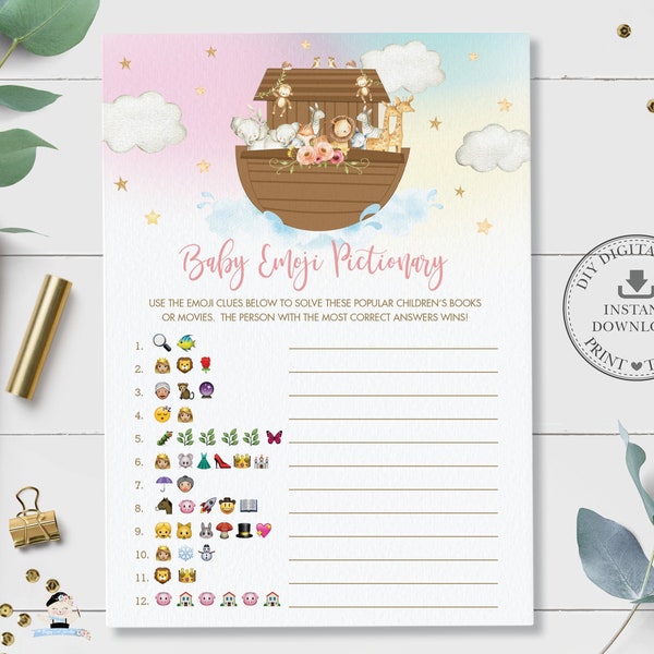 Baby Shower Emoji Pictionary Game, INSTANT DOWNLOAD, Noah's Ark Rainbow Twins Animals Guess Children's Books Card Activity Diy Printable NA2