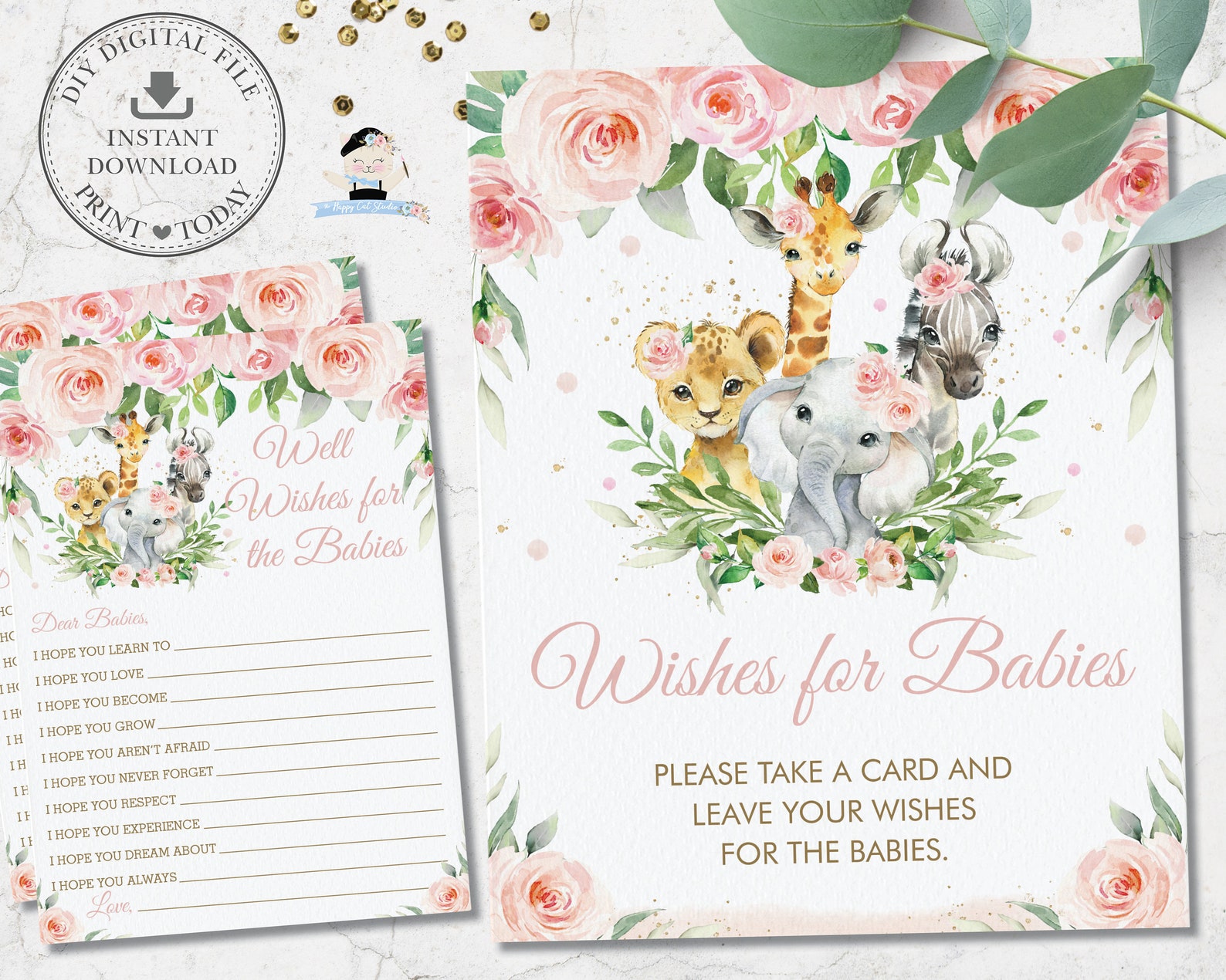 Jungle Animals Wishes for Babies Card and Sign Pink Floral - Etsy