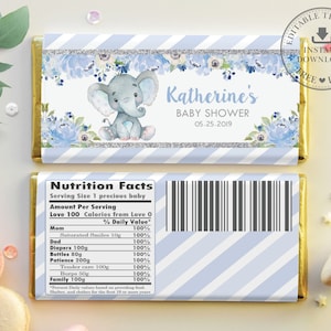 Elephant Chocolate Bar Wrappers, EDITABLE TEMPLATE, Hershey&#39;s Aldi Chocolate Favor, Elephant Printable, Baby Shower Boy, Pdf INSTANT, EP6