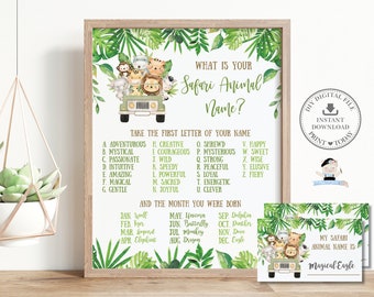 What's your Safari Animal Name Game Sign Name Card Printable INSTANT DOWNLOAD Jungle Animals Greenery Birthday Party Game Activity JA2