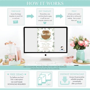 May include: A computer screen displaying a printable baby shower invitation with a green and gold colour scheme. The invitation features a cartoon illustration of a boat with animals on it. The text on the invitation reads "Please join us for a baby shower honouring Katherine Wilson".