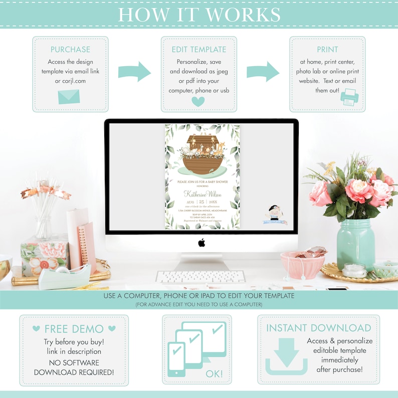 May include: A computer screen displaying a printable baby shower invitation with a green and gold colour scheme. The invitation features a cartoon illustration of a boat with animals on it. The text on the invitation reads "Please join us for a baby shower honouring Katherine Wilson".