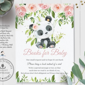 BEWERKBARE SJABLOON, Panda Boeken voor Baby Luier Invoegen, Schattige Roze Bloemen Bamboe Baby Douche Verjaardag Extra Info Kaart Afdrukbaar, INSTANT, PA2