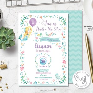 Mermaid Invitation, Mermaid Printable, Editable Template, 1st Birthday Party, Under the Sea, Pool Party Invitation, Watercolor, Digital, WM1