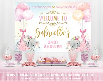 Cute Twins Elephants Pink Balloons Baby Shower Backdrop Banner Welcome Sign Twin Girls New Babies Decoration Digital File Printable EP3