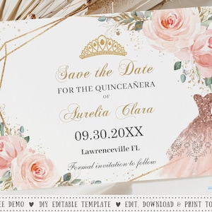 Save the Date Chic Blush Pink Floral Rose Blumen Rose Gold Kleid Quinceanera Mis Quitte Anos 15. Geburtstag EDITIERBARE VORLAGE Download QC1