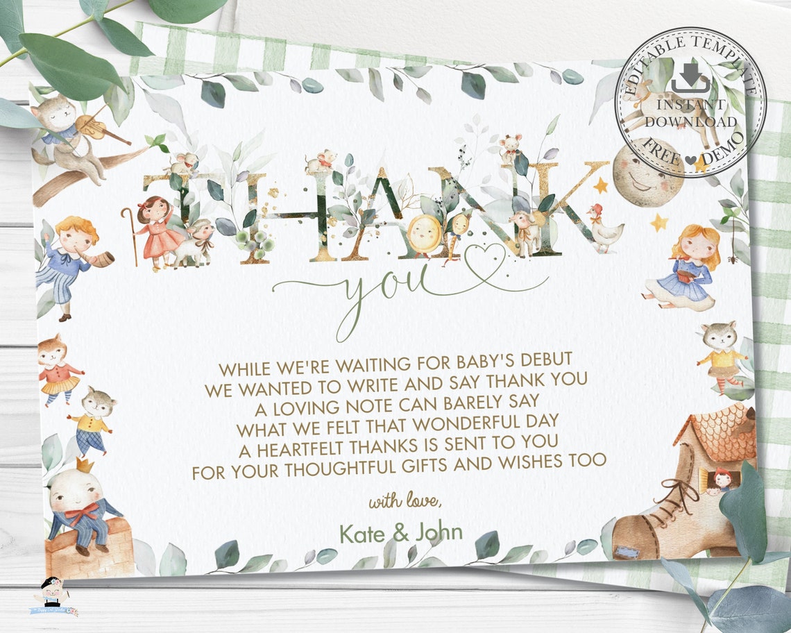 Nursery Rhyme Thank You Card EDITABLE TEMPLATE Gender Etsy