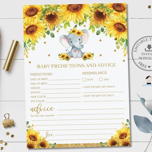 MODÈLE MODIFIABLE, Prédictions et carte de conseils pour bébé, Tournesol Floral Elephant Girl Baby Shower Game Activity Imprimable INSTANT Download EP8