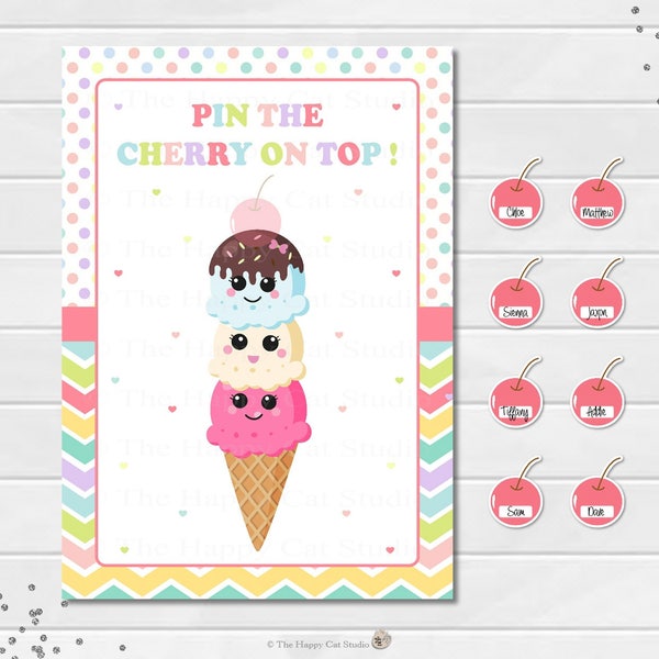 Ice Cream Party Game, Pin the Cherry on Top of Ice Cream, Birthday Party, Party Activity, Printable, Digital File, PDF, INSTANT DOWNLOAD