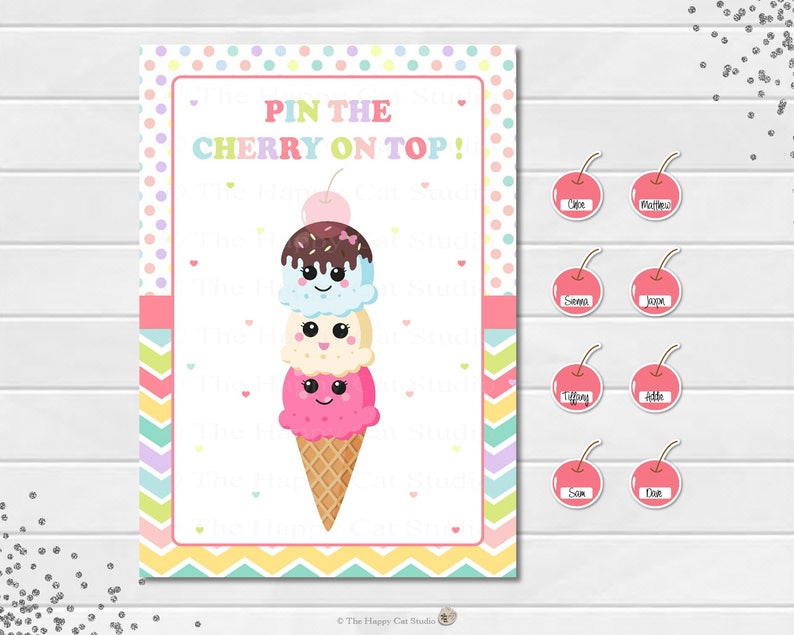 Ice Cream Party Game, Pin the Cherry on Top of Ice Cream, Birthday Party, Party Activity, Printable, Digital File, PDF, INSTANT DOWNLOAD image 1