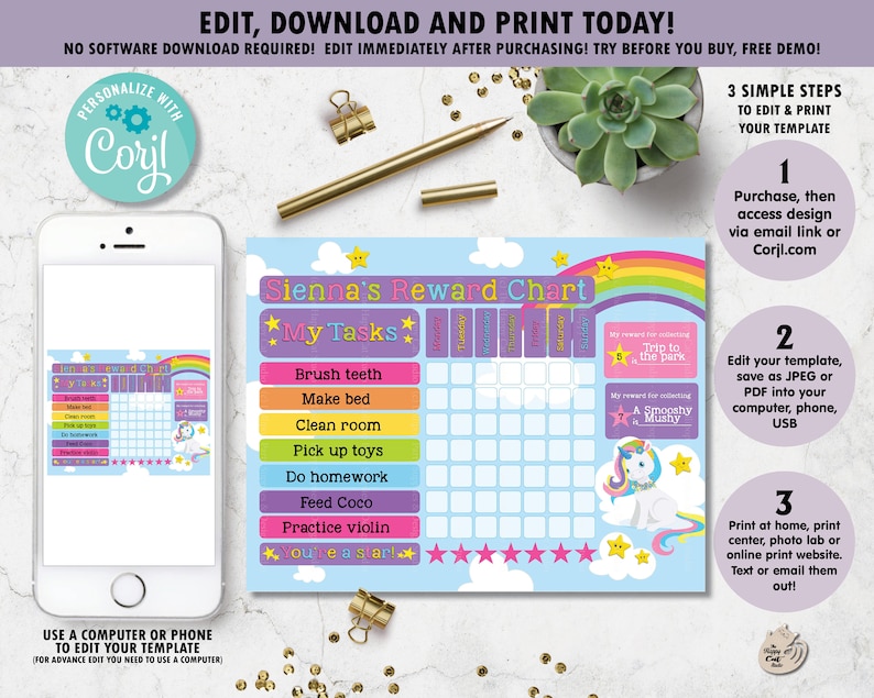 editable template unicorn reward chart unicorn digital etsy
