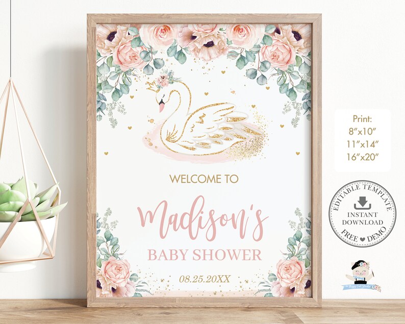 Swan Princess Welcome Sign, EDITABLE TEMPLATE, Chic Blush Pink Floral Greenery Baby Shower Birthday Poster Decoration, INSTANT Download, SW2 image 3