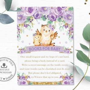 Búho Traer un libro en lugar de una tarjeta, descarga instantánea, Chic púrpura Floral girl libros para bebé inserto, Woodland Baby Shower imprimible PDF, OW3