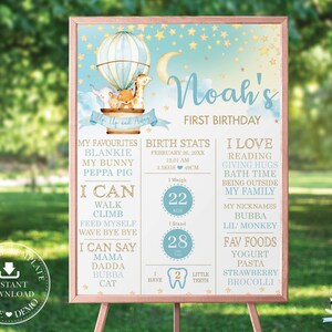 Cute Animals Hot Air Balloon 1st Birthday Milestone Sign, EDITABLE TEMPLATE, Stars Boy Birth Stats Poster Decor Pdf, INSTANT Download, HB5 image 2