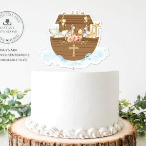 Noah's Ark Floral doopsel taart Topper, INSTANT DOWNLOAD, Noahs Arc schattige dieren middelpunt decoratie Lion digitale bestanden, NA2