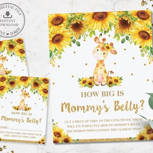 Quão grande é o cartão de sinalização da barriga da mamãe, DOWNLOAD INSTANTÂNEO, Rústico chique floral girassol girafa atividade de jogo de chá de bebê faça você mesmo PDF para impressão, GF2