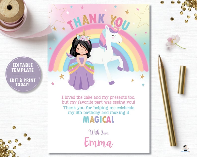 Princess and Unicorn Birthday Party Thank You, EDITABLE TEMPLATE, Cute Black Hair Princess Rainbow Unicorn Printable, INSTANT Download, PU1 image 1