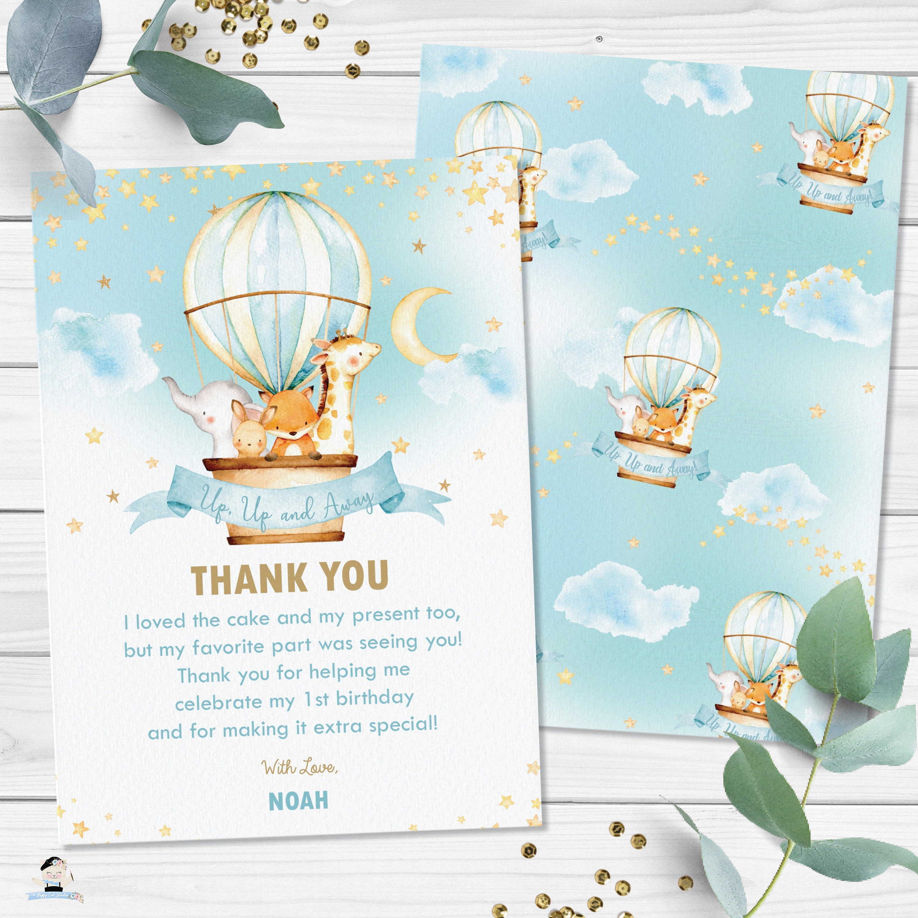 Hot Air Balloon Birthday Thank You Card, EDITABLE TEMPLATE, Thank You ...