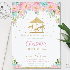 Karussell Einladung, EDITIERBARE VORLAGE, Mädchen 1. Geburtstag einladen, Pink Mint Floral, Merry Go Round printable, Diy Pdf SOFORT Download, CR2