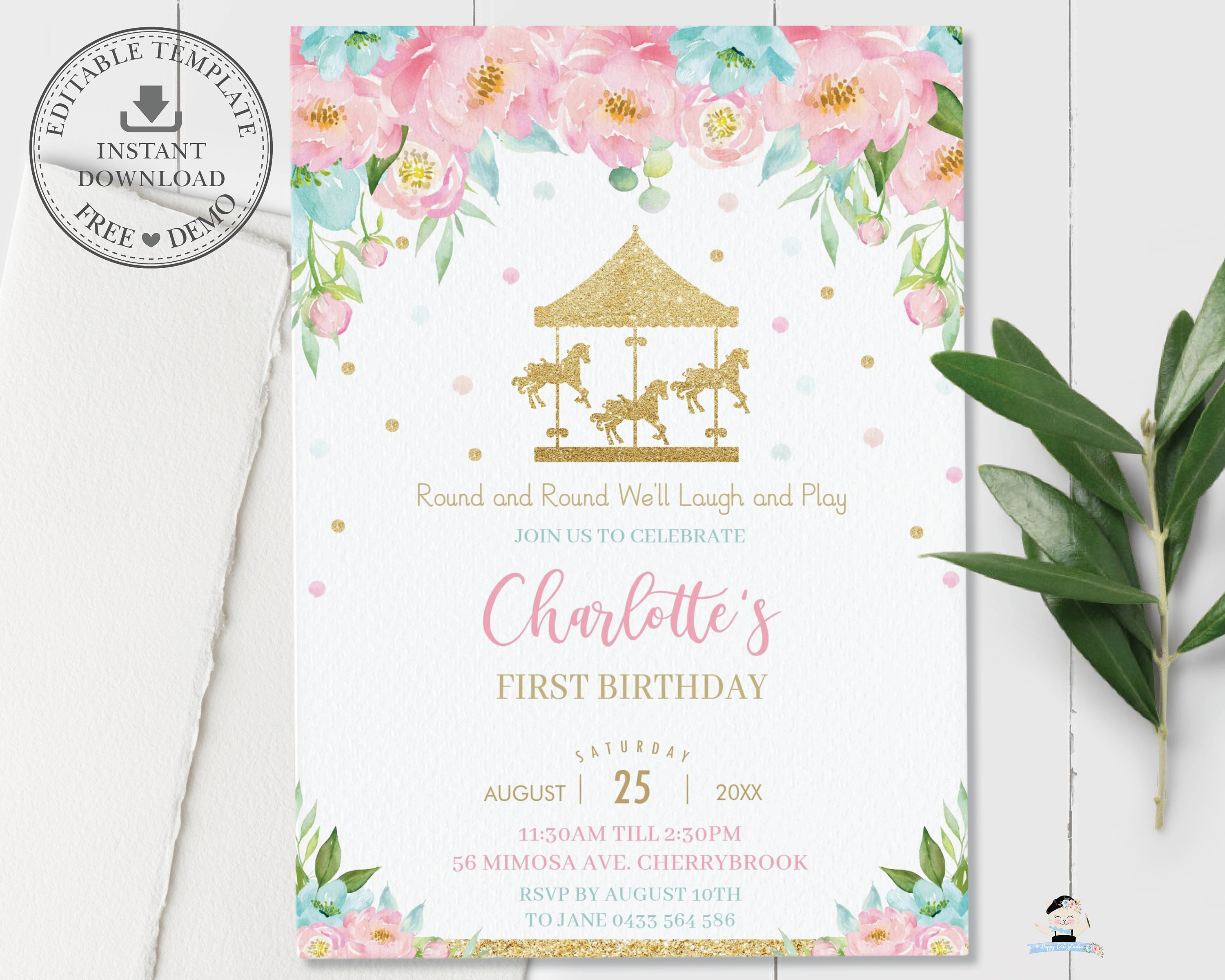 Carousel Invitation, EDITABLE TEMPLATE, Girl 2222st Birthday Invite, Pink Mint  Floral, Merry Go Round Printable, Diy Pdf INSTANT Download, CR22 For First Birthday Invitation Card Template