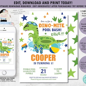 Dinosaur Pool Birthday Party Invitation Dinosaur Printable Dinomite Pool Bash Swim Dinosaur Floatie Instant DOWNLOAD EDITABLE TEMPLATE DP1