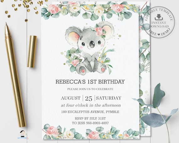 Cute Koala 1st Birthday Invitation, EDITABLE TEMPLATE, Chic Eucalyptus Pink Floral Girl First Party Invite Printable, INSTANT Download, AU2 Il_570xn
