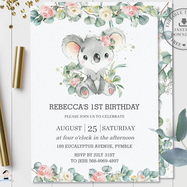 Cute Koala 1st Birthday Invitation, EDITABLE TEMPLATE, Chic Eucalyptus Pink Floral Girl First Party Invite Printable, INSTANT Download, AU2