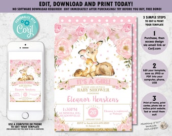 Deer Baby Shower Invitation, Woodland Animals Baby Girl Invitation, Pink Floral Baby Shower Invite, INSTANT EDITABLE TEMPLATE, FD3