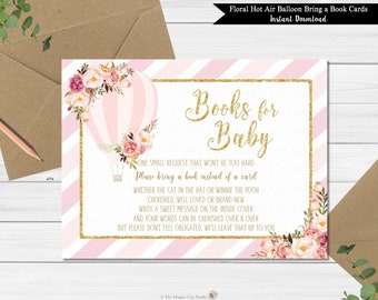 Bring a Book instead of a Card Insert, Bring a Book Baby Shower Insert, Hot Air Balloon Flowers, Pink Stripes, Gold, INSTANT DOWNLOAD, HB1