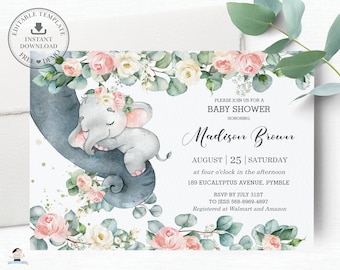 Elephant Baby Shower Invitation, EDITABLE TEMPLATE, Chic Pink White Floral Greenery Invite, Girl Sprinkle Printable, INSTANT Download, EP11