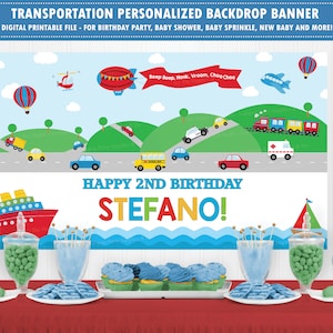 Transportation Birthday Backdrop Banner, Transportation Party Decor, Automobile Party, Car Plane Train Truck Ship, Transport Printable, TR1