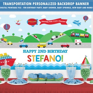 Transportation Birthday Backdrop Banner, Transportation Party Decor, Automobile Party, Car Plane Train Truck Ship, Transport Printable, TR1