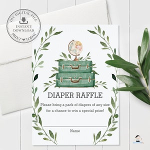 Diaper Raffle, INSTANT DOWNLOAD, Greenery Adventure Baby Shower Diaper Raffle Ticket Insert Card Printable, Travel Luggage Suitcase, BM1 image 2