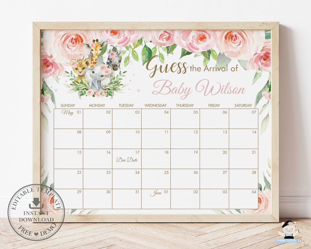 Guess Baby's Due Date Calendar Game Printable, EDITABLE TEMPLATE Pink ...