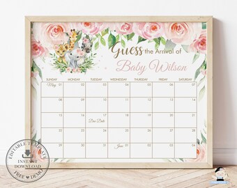 May include: A framed baby shower calendar with a floral and animal theme. The calendar features the text "Guess the Arrival of Baby Wilson" and includes a space for the due date. The design includes watercolor roses and baby animals.