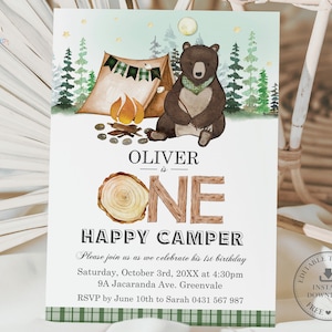One Happy Camper Camping Bear S'more 1° compleanno invito modello modificabile stampabile, tenda da falò a quadri verdi all'aperto Smores, CP1