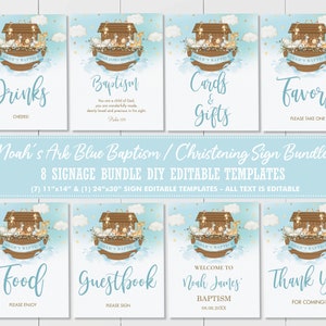 Noah's Ark Blue Baptism Christening Tabletop Signs Bundle, EDITABLE TEMPLATE, Welcome Favors Cards Gifts Printable, INSTANT Download, NA2