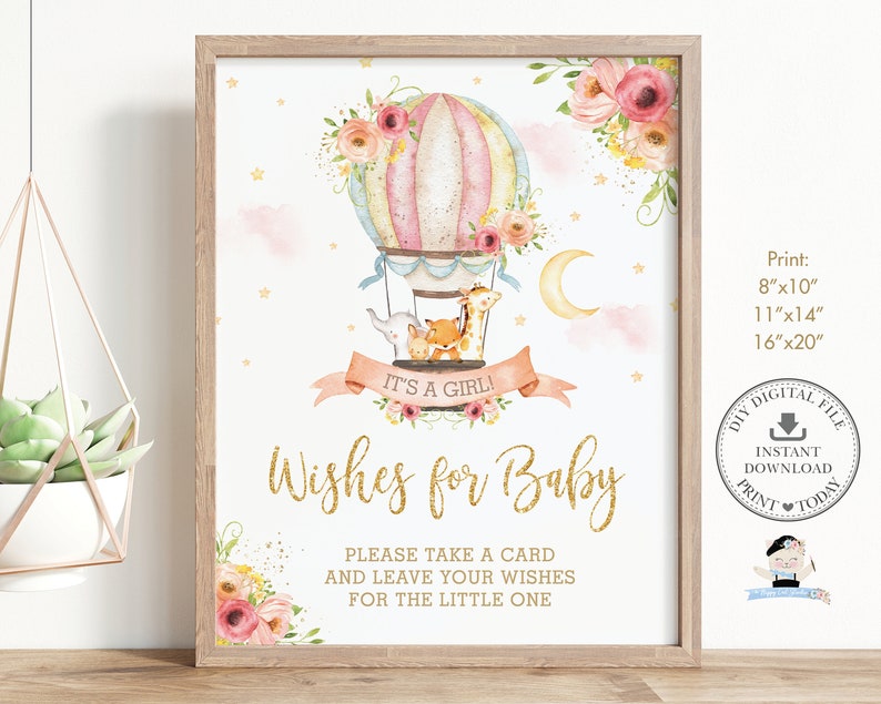 Hot Air Balloon Cute Animals Wishes for Baby Card and Sign, Chic Blush ...