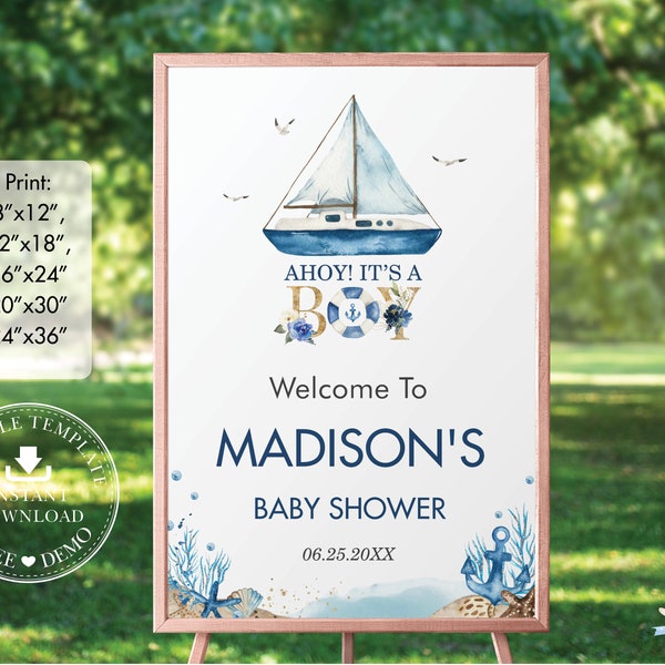 Nautical Ahoy It's a Boy Welcome Sign, EDITABLE TEMPLATE, Chic Blue Boat Yacht Ocean Baby Shower Diy Poster Decoration INSTANT Download, NT2