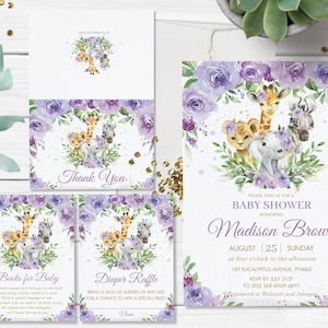 Purple Floral Jungle Animals Baby Shower Invitation Bundle, MODÈLE MODIFIABLE, Merci, Diaper Tombola, Livres pour bébé Téléchargement instantané JA8