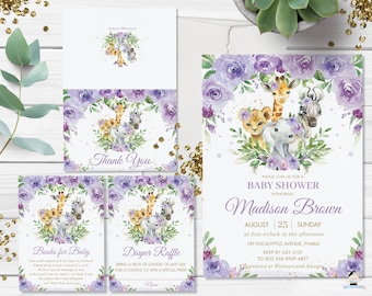 Purple Floral Jungle Animals Baby Shower Invitation Bundle, EDITABLE TEMPLATE, Thank You, Diaper Raffle, Books for Baby INSTANT Download JA8