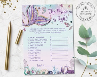 Mermaid The Price is Right Game, Mermaid Tail Baby Shower Activity, Baby Girl, Chic Purple Under the Sea Printable, INSTANT DOWNLOAD, MT2