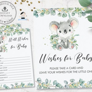 Well Wishes for Baby Sign and Card, INSTANT DOWNLOAD, Eucalyptus Greenery Koala Boy Girl Baby Shower Fun Game Activity Diy PDF Imprimible AU2