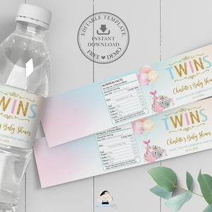 Twin Boy Girl Elephant Water Bottle Labels, EDITABLE TEMPLATE, INSTANT Download, Wrapper Sticker, Twins Baby Shower Favors Printable, EP3