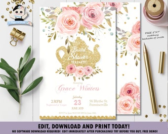 May include: A pink and gold bridal shower tea party invitation with a teapot silhouette and floral accents. The invitation reads "Bridal Shower Tea Party" and "Honoring Grace Winters".